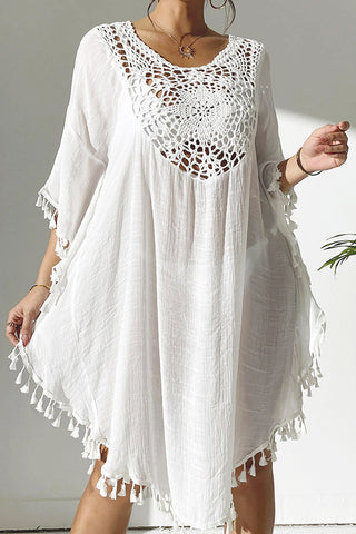 Fashion Hollow Tassel Solid Color Beachwear Cover Up