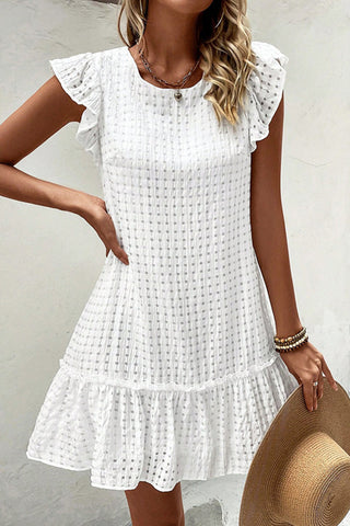 Ruffle Solid Color Round Neck Mini Dress