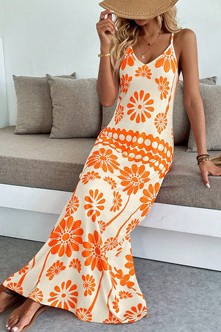 Fashion Floral Print V Neck Maxi Dress