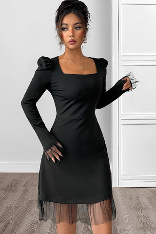 Solid Black Lace Patchwork Long Sleeve Casual Dress