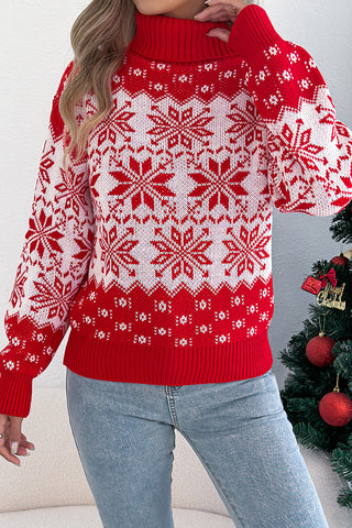 Snowflake Printed Lantern Long Sleeved Pullover Sweater