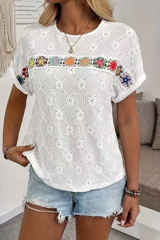 Fashion Hollow Patchwork Round Neck Casual Tops