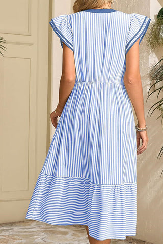 V Neck Stripe Print Ruffle Sleeve Casual Dress
