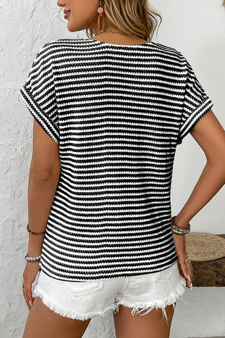 V Neck Button Stripe Print Casual Tops