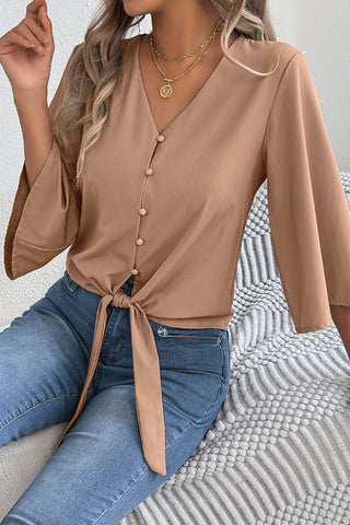 Fashion Button Solid Color Knot Side Casual Tops