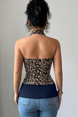 Fashion Leopard Print  Halter Neck Casual Tops