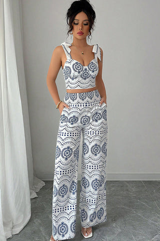 Fashion Smocked Print Tie Shoulder Two Piece Set