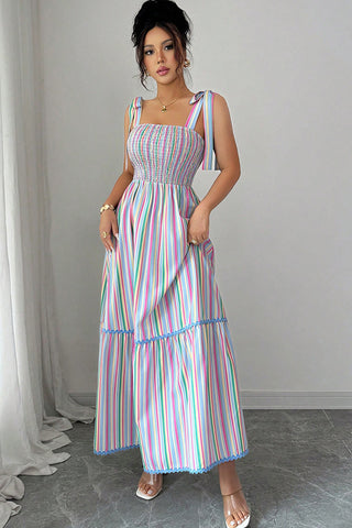 Tie Shoulder Stripe Print Colorful Maxi Dress