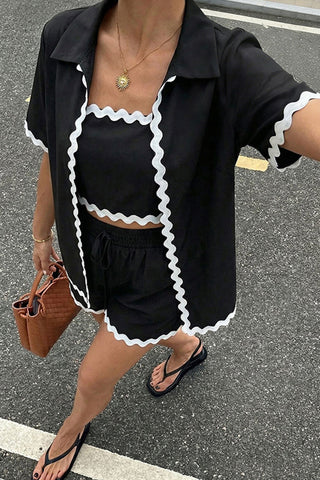 White Trim Hem  Color Block Three Piece Set
