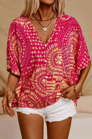 Fashion V Neck Printed Button Casual Tops