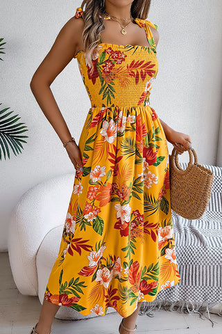 Fashion Smocked Design Floral Print Casual Dress