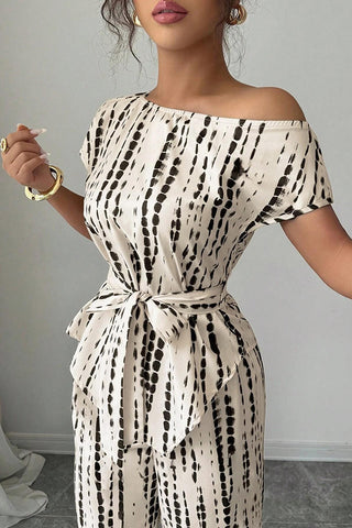 Asymmetric Tie Waist Printed Casual Two Piece Set