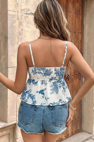 Knot Front Ruffle Print Casual Tops