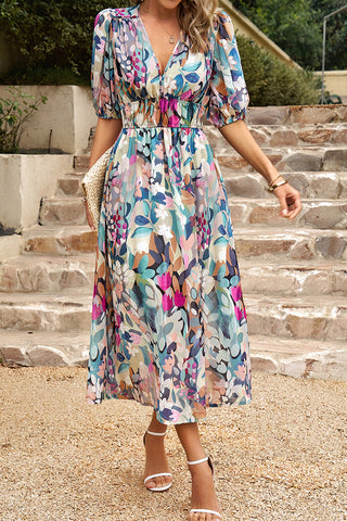 V Neck Smocked Waist Floral Print Maxi Dress