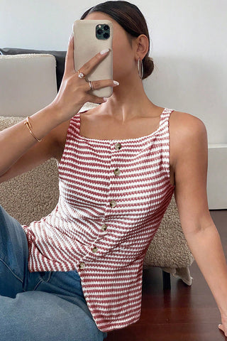 Stripe Print Button Casual Tops