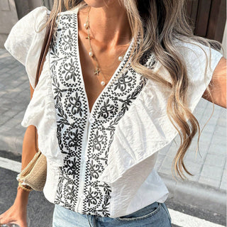 French Style Ruffle V Neck Casual Tops