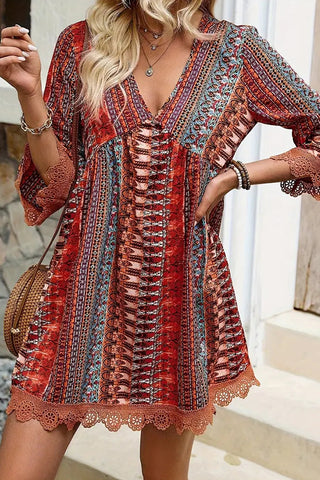 Fashion Lace Patchwork V Neck Casual Dress