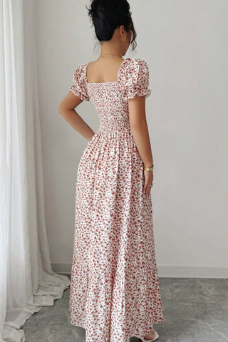 Smocked Waist Floral Print Ruffle Hem Casual Maxi Dress