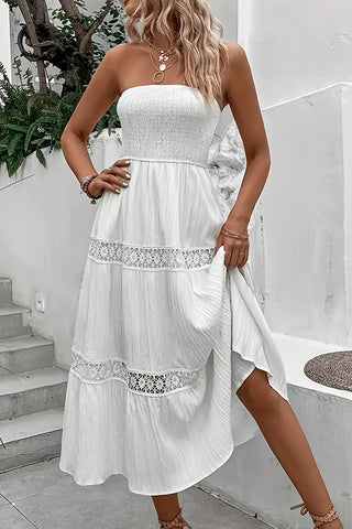 Fashion Bandeau Smocked Solid Midi Dress