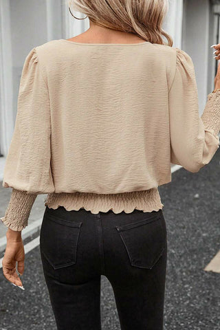Fashion Smocked Solid Color Casual Tops