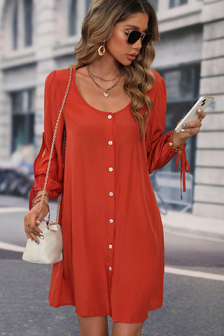 Long Sleeve Button Round Neck Solid Dress