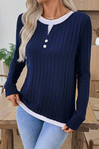 Round Neck Button Mock two-piece Casual Tops