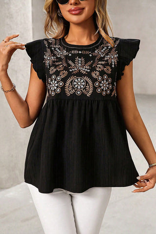 Bohemian Embroidered Round Neck Casual Tops