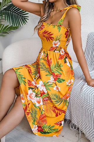 Fashion Smocked Design Floral Print Casual Dress