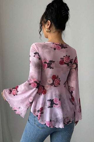 Fashion Mesh Floral Print Bow Casual Tops