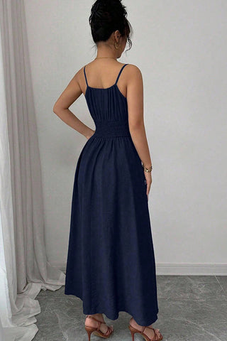 Fashion Solid Color Smocked Waist Casual Dress
