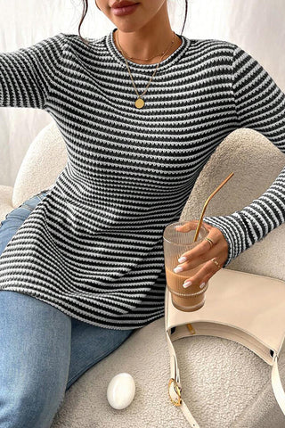 Fashion Stripe Print Split Casual Tops