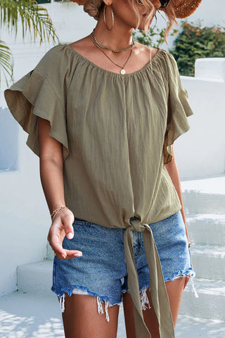 Fashion Knot Front Ruffle Sleeve Casual Tops