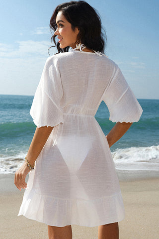 Solid Color V Neck Short Sleeve Swimsuit Cover Up