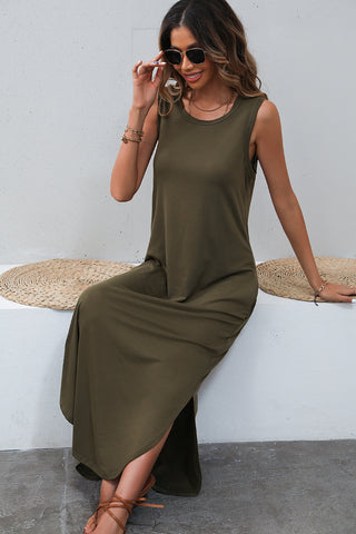 Sleeveless Round Neck Solid Color Maxi Dress