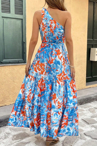 One Shoulder Floral Print High Waist Maxi Dress