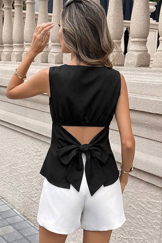 Fashion Solid Color Bow Back Casual Tops