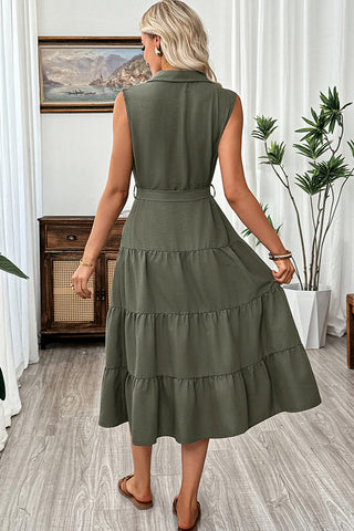 Fashion Lapel Button High Waist Midi Dress