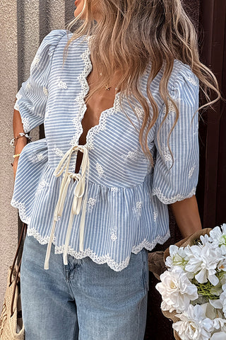 V Neck Cute Lace Stripe Print Tops
