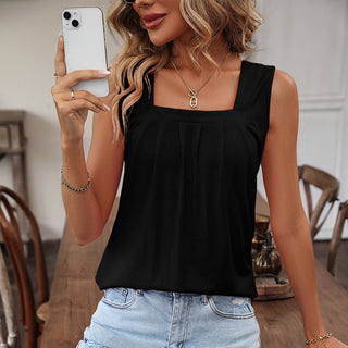 Black Square Neck Solid Color Sleeveless Casual Tops
