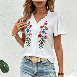 Embroidery V Neck Casual Tops