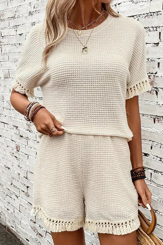 Solid Color Round Neck Tassel Two Piece Set