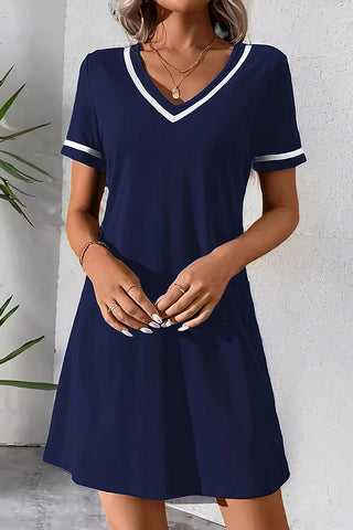 Fashion V Neck Color Block Casual Dress
