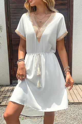 Lace Patchwork V Neck Tie Waist Dress
