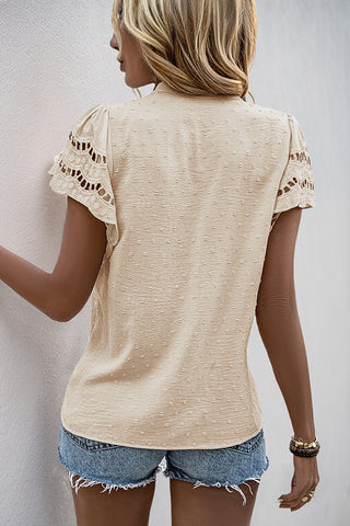 Solid Stand Collar Cutout Ruffle Sleeve Shirt