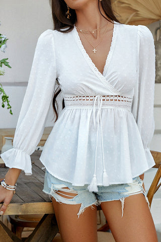 Lace Patchwork V Neck Solid Color Shirt