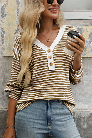 Color Block V Neck Button Casual Top