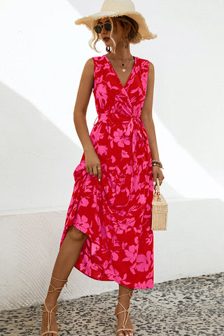 Fashion Flower Print V Neck Sleeveless Dress