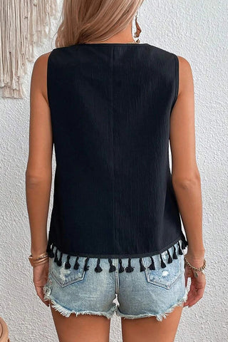 Bohemian Print V Neck Tassel Hem Top