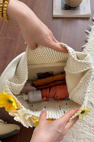 Flower Design Color Block Weave Bag