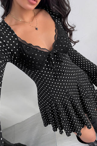 Vintage Polka Dot Print Lace V Neck Mini Dress